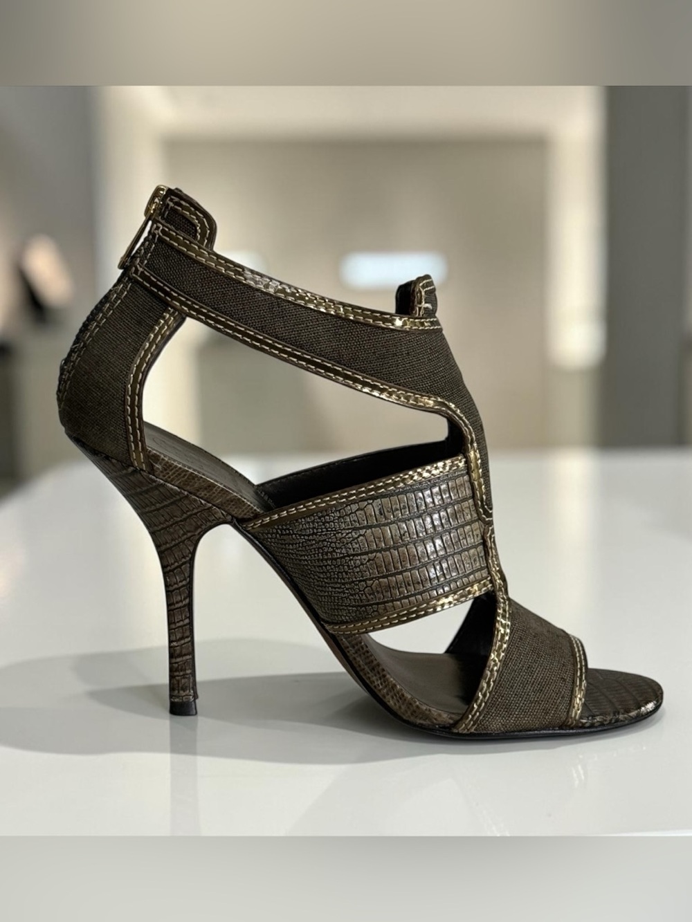 Tory Burch Geoff Caged High Heel Olive Gold Gladiator Sandals! Size 8 - Picture 3 of 16